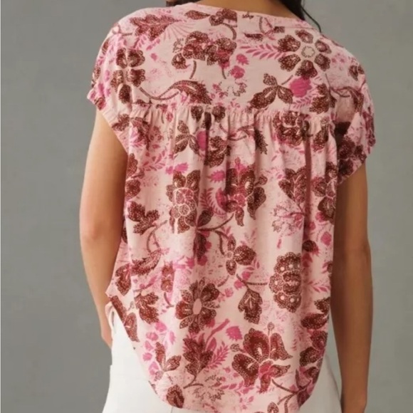Anthropologie Pilcro Top Pink Combo Floral Ruched Henley Tee Size L - Picture 2 of 14